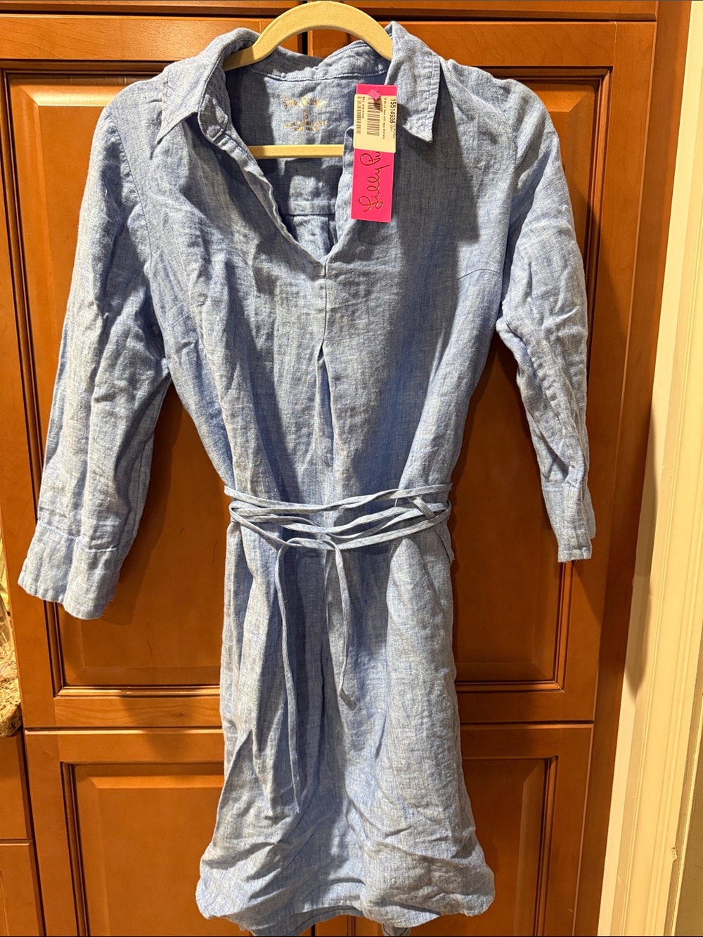Lily Pulitzer Pilar Sea Salt Blue Linen Shirt Dress with Tie Waist